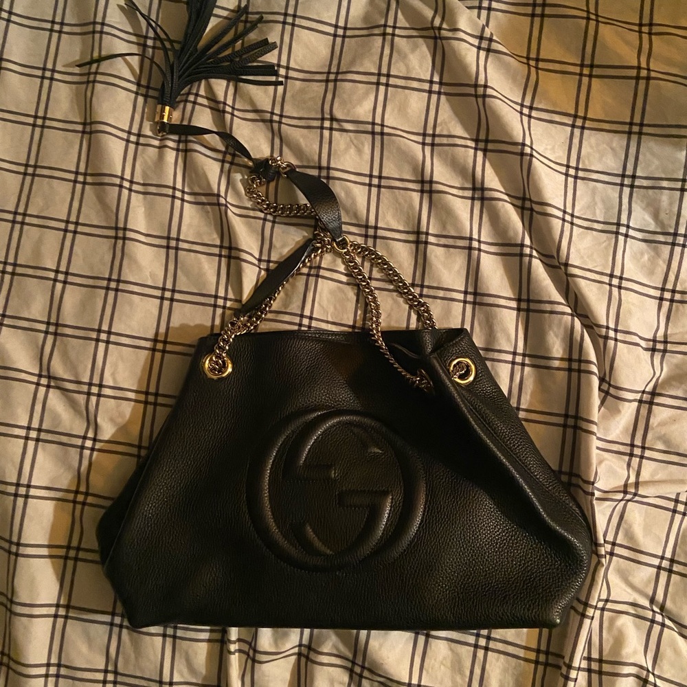 Gucci Hobo Soho Shoulder Chain Tote Bag Black Leather Satchel